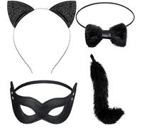 Sumind 4 Pièces Ensemble de Costume de Chat, Ensemble de Cosplay de Queue de Chat en Fourrure Longue Ensemble de Déguisement d Halloween, Bandeau d Oreilles Queue Noeud de Chat, Masque d'Arlequin