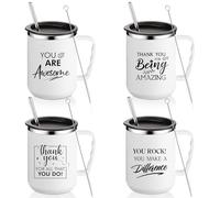 Sumind Lot de 4 tasses à café de 500 ml - Cadeau de remerciement pour femme - En acier inoxydable - Avec poignée de couvercle - Tasse isotherme pour remise de diplôme - Gobelet de voyage amusant pour enseignant, homme, collègue, maman (blanc)