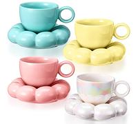 Sumind Lot de 4 tasses à café en céramique avec dessous de verre en forme de tournesol, tasse créative en forme de nuage en céramique, tasse à café, tasse à café, soucoupe, ensemble nacré, jaune, bleu, rose, 200 ml pour bureau, maison, café, thé, latte, lait
