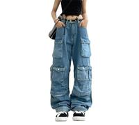 Sumleno Pantalon Cargo Baggy Y2K pour Femme, vêtements Multi-Poches, Coupe décontractée, vêtements de fée, vêtements de Rue Emo, Jean Bleu., XL