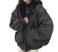 Sumleno Veste Sherpa pour femmes, adolescentes et filles, réversible, avec fermeture éclair Y2K, sweat à capuche en polaire grunge, manteau d'hiver, vêtement coréen Cutecore, Noir , M