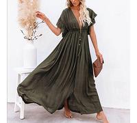 Summer Beach Bikini Cover Ups Maxi Dress Femmes Boho Robes Longues Taille Haute Col en V Sexy Robe Blanche Maillot de Bain-Vert armée,Taille Unique