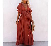 Summer Beach Bikini Cover Ups Maxi Dress Femmes Boho Robes Longues Taille Haute Col en V Sexy Robe Blanche Maillot de Bain-Orange,Taille Unique