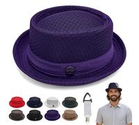 Summer Breathable Mesh Pork Pie Hat for Men Women, Lightweight Foldable Short Brim Fedora Trilby Bowler Cap, Packable UV Sun Protection Jazz Hats for Beach Outdoor Travel (Dark Purple,Classic)