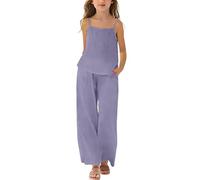 Summer Co Ord Ensembles 2 pièces en coton et lin pour adolescentes, caraco mignon, pantalon palazzo, jambes larges, débardeur d'été, gilet léger, respirant, coupe ample, violet, 13-14 ans