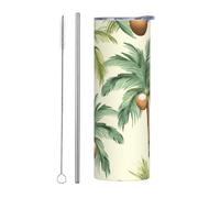 Summer Coconut Tree Gobelet isotherme à double paroi en acier inoxydable avec couvercle et paille - Bouteille d'eau isotherme de voyage - 591 ml - Pour boissons chaudes et froides