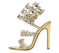 Summer Designer Butterfly-Knot Crystal Sandals Sexy Peep Toe Thin Heel Wedding Party Back Strap Shoes(Gold,39)