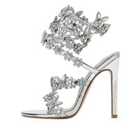 Summer Designer Butterfly-Knot Crystal Sandals Sexy Peep Toe Thin Heel Wedding Party Back Strap Shoes(Silver,41)