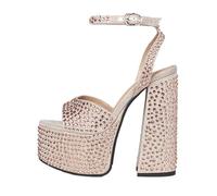Summer Fabric Round Toe Waterproof Platform Super High Heel Crystal Dinner Word-Cingulate Sandals Large Size(Champagne,37)