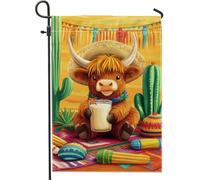 Summer Fiesta Drapeau de jardin vache Highland jaune, bannière de décoration d'intérieur double face en toile de jute pour décoration de pelouse, thème de fête coloré, 30,5 x 45,7 cm