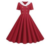 Summer Foreign Trade Explosion Femme Col V Manches Courtes Couleur Unie Rétro Double boutonnage Robe Big Swing, rouge, L