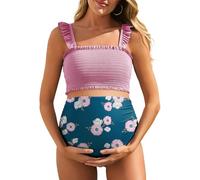 Summer Mae Maternity High Waist Bikini Swimsuit Two Piece Ruffled Hem Cute Bathing Suit Floral Pregnancy Swimwear Pink M