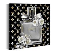 summer melody Bouteille de parfum sur toile murale : noir et blanc, impressions contemporaines, glamour, moderne, bouquet de roses, peinture de fleurs, œuvre d'art pour chambre de fille, salle de