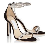 Summer One-Piece Sandals, Women's Open Toed Leather Rhinestone Black Versatile Fashion High Heels, Slim(Black 8cm,39)