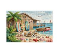 Summer Shih Tzu Puzzle de plage pour adultes - 300 pièces - Chiot côtier - Cottage de plage en bois - Motif tropical - Décoration pour divertissement à la maison