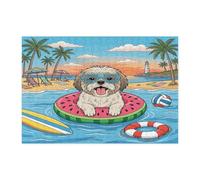 Summer Shih Tzu Puzzle de plage pour adultes - 300 pièces - Chiot côtier - En bois imprimé - Motif tropical - Décoration pour divertissement créatif