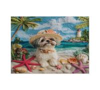 Summer Shih Tzu Puzzle de plage pour adultes - 500 pièces - Chiot côtier en bois - Décoration tropicale imprimée pour divertissement créatif