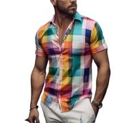 Summer Short Sleeve Plaid Print Retro Shirt Men's Loose Breathable Oversized Clothing Luxury Shirt Beach Street Top(Color 6,4XL)