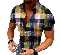 Summer Short Sleeve Plaid Print Retro Shirt Men's Loose Breathable Oversized Clothing Luxury Shirt Beach Street Top(Color 4,XXXL)