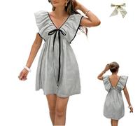 Summer V Neck Puff Sleeve Short Striped Cute Babydoll Bow Dresses,Ruffle Knot Front A-Line Striped Mini Short Beach Dress (FR/ES, Alpha/Lettres, TG, Taille Normale, Taille Normale, Black)