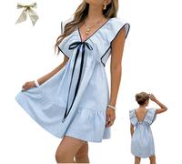 Summer V Neck Puff Sleeve Short Striped Cute Babydoll Bow Dresses,Ruffle Knot Front A-Line Striped Mini Short Beach Dress (FR/ES, Alpha/Lettres, TG, Taille Normale, Taille Normale, Blue)