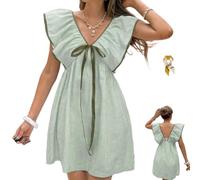 Summer V Neck Puff Sleeve Short Striped Cute Babydoll Bow Dresses,Women Ruffle Flying Sleeve Striped Dress,Casual Mini Dress (FR/ES, Alpha/Lettres, M, Taille Normale, Taille Normale, Green)