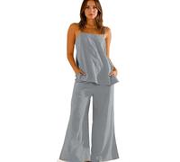Summer Women's Linen 2 Piece Set Spaghetti Strap Tank Top with Side Slits and Wide Leg Pants for Beach Vacation, Casual Wear, and Everyday Comfort