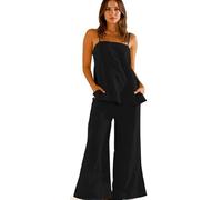 Summer Women's Linen 2 Piece Set Spaghetti Strap Tank Top with Side Slits and Wide Leg Pants for Beach Vacation, Casual Wear, and Everyday Comfort