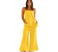 Summer Women's Linen 2 Piece Set Spaghetti Strap Tank Top with Side Slits and Wide Leg Pants for Beach Vacation, Casual Wear, and Everyday Comfort