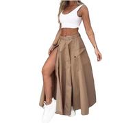 Summer Women's Solid Color Drawstring Waist Flap Pocket Cargo Skirt Back Slit Midi Skirt(Brown,M)