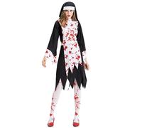 Summerdate Costume de Nonne Ensanglantée Femme avec Empreintes de Mains Sanglantes, Tenue de Zombie avec Bas Ensanglantés, Déguisement Effrayant pour Fête d'Halloween et Cosplay