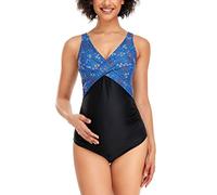 SUMMERSUNSHINE Maillot de bain une pièce de maternité croisé sur le devant - Maillot de bain de grossesse - Bikini de maternité, Bleu floral noir, Taille L
