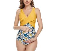 SUMMERSUNSHINE Maillot de bain une pièce de maternité croisé sur le devant - Maillot de bain de grossesse - Bikini de maternité, Motif fleurs Jaune, XX-Large