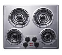 Summit Appliance CR4SS24 24 pouces de large, 240 V, 4 brûleurs, finition en acier inoxydable, commandes frontales, voyants, 4 éléments chauffants, commandes de poussée pour tourner, fonctionnement 230