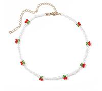 SUMMITDRAGON Collier bohème en perles rouges pour femme - Joli collier ras du cou fait à la main - Perles de riz transparentes - Collier de perles de riz avec breloque - Pour femme et fille, taille
