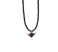 SUMMITDRAGON Collier de perles en cristal noir fait à la main avec cœur et papillon pour femme, taille unique, Comme décrit, Comme décrit.
