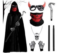 SummitEdge Lot de 6 costumes de faucheuse pour homme et femme - Costume d'Halloween effrayant - Cape noire avec capuche, sceptre, masque, gants, pendentifs, lunettes pour adultes, Halloween, carnaval