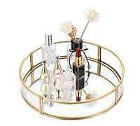 SUMNACON Assiette de parfum ronde dorée en métal et verre - Rangement miroir pour bijoux, cosmétiques, bouteilles de parfum, organisateur de bijoux, coiffeuse, chambre à coucher, salle de bain, cadeau