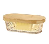 SUMNACON Beurrier en verre rayé avec couvercle en bambou, support pour beurrier de cuisine transparent ambré, peut contenir 1 beurre oriental pour réfrigérateur de comptoir