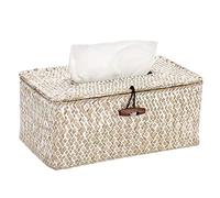 SUMNACON Boîte à mouchoirs rectangulaire en jonc de mer Porte-papier tissé décoratif Caramels Rotin Boîte à mouchoirs Décoration de la maison Salon Bureau Restaurant Artisanat Blanc