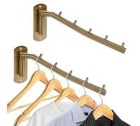 Sumnacon Lot de 2 cintres muraux en acier inoxydable avec bras oscillant, organiseur de rangement robuste pour buanderie, chambre à coucher, séchoir à vêtements avec 5 crochets, doré
