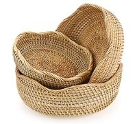 Sumnacon Lot de 3 corbeilles rondes en rotin tissé pour fruits, pain, collations, table de bureau, paniers de rangement décoratifs (bords ondulés)