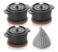 SUMNACON Lot de 3 mini cocottes rondes en fonte de 236,8 g avec couvercle et tapis en liège pour fête de famille, pique-nique