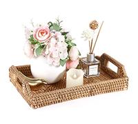 Sumnacon Plateau de service rectangulaire en rotin tissé avec poignée pour café, boisson, petit déjeuner, thé, bougie