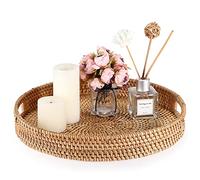 Sumnacon Plateau de Service Rond en rotin tissé avec poignée pour café, Boisson, Petit-déjeuner, thé, Bougies