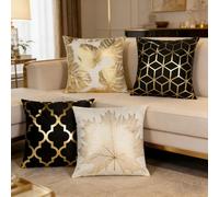 Sumneo Lot de 4 housses de coussin, 45 x 45 cm, velours avec motif de feuille de ginkgo en relief doré, housse décorative pour canapé, canapé-lit, salon, chambre à coucher, décoration de la maison (2