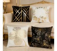 Sumneo Lot de 4 housses de coussin 45 x 45 cm - Velours - Motif feuille de Ginkgo en relief doré - Pour canapé, canapé-lit, salon, chambre à coucher - Décoration intérieure (Nouveau 2+2)