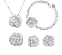 Sumpgle Parure de bijoux à motif floral en filigrane rose camélia micro pavé quatre pièces bracelet bague réglable pour femme