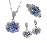 Sumpgle Parure de bijoux imitation tanzanite avec pendentif octogonal coupe millénaire accents floraux clous rose gemme bague pour femme cadeau, Necklace