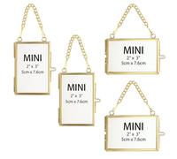 SUMTree Lot de 4 mini cadres photo à suspendre en verre doré, cadre photo flottant en verre avec chaîne pour mini photo arbre généalogique, fleur pressée, collage, 5,1 x 7,6 cm (2 horizontaux, 2